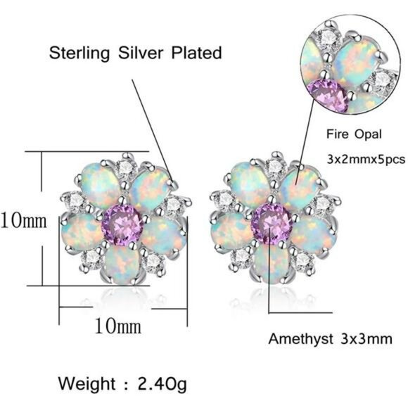 Opal Flower Stud Earrings Sterling Silver Cute Jewelry Gift for Women Girls - Picture 5 of 7